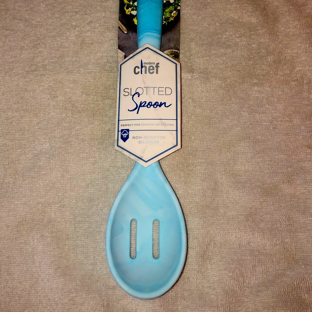 Blue marbled silicone slotted spoon